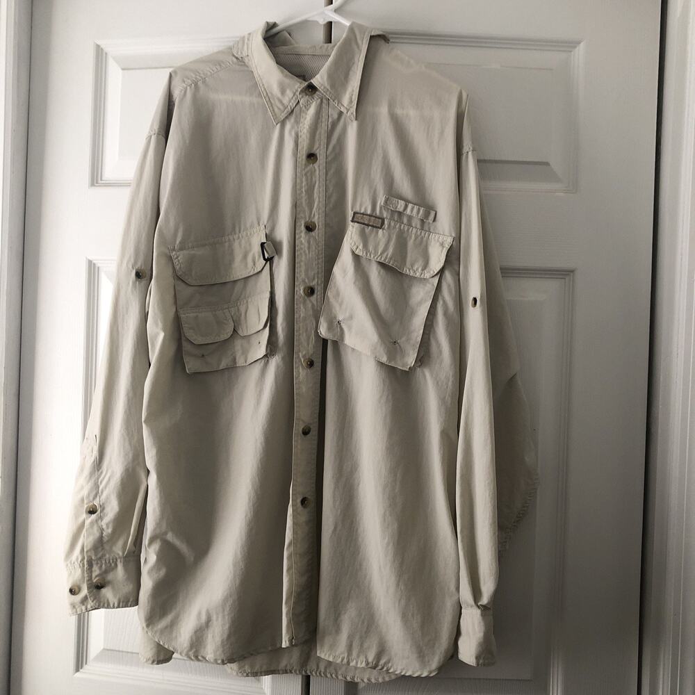 Sports Afield Fishing shirt Tan Nylon Long Sleeve Button up, cape back, size XL